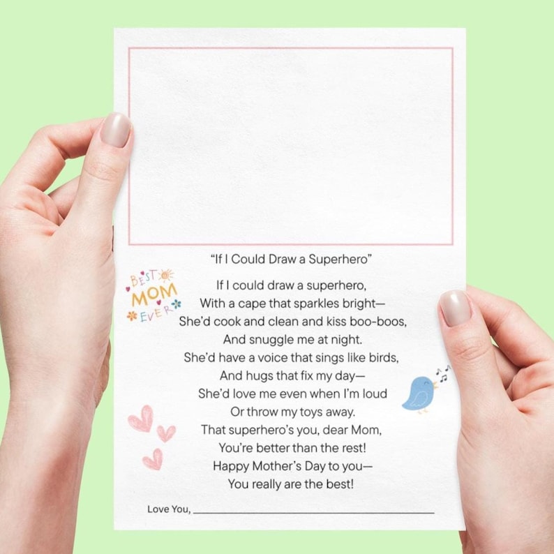 Mothers Day Poem Printable PDF for Kids, DIY Mama Gift From Child, Heartfelt Poem with Drawing Space, Children Special Gift Message for Mom