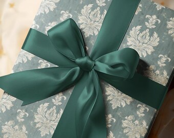 Green Damask Gift Wrap Roll, Vintage Elegant Wrapping Paper