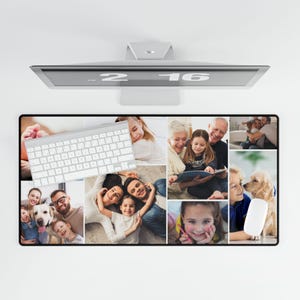 May include: A collage of family photos featuring a variety of people, including children, adults, and a dog. The photos are arranged in a grid pattern and include a variety of poses and expressions. The photos are printed on a white background and are surrounded by a black border.