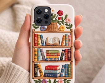 Cottagecore Bookshelf Phone Case, Faux Embroidery Floral Design