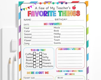 Teacher Favorite Things Printable Questionnaire Quiz My Teacher Survey