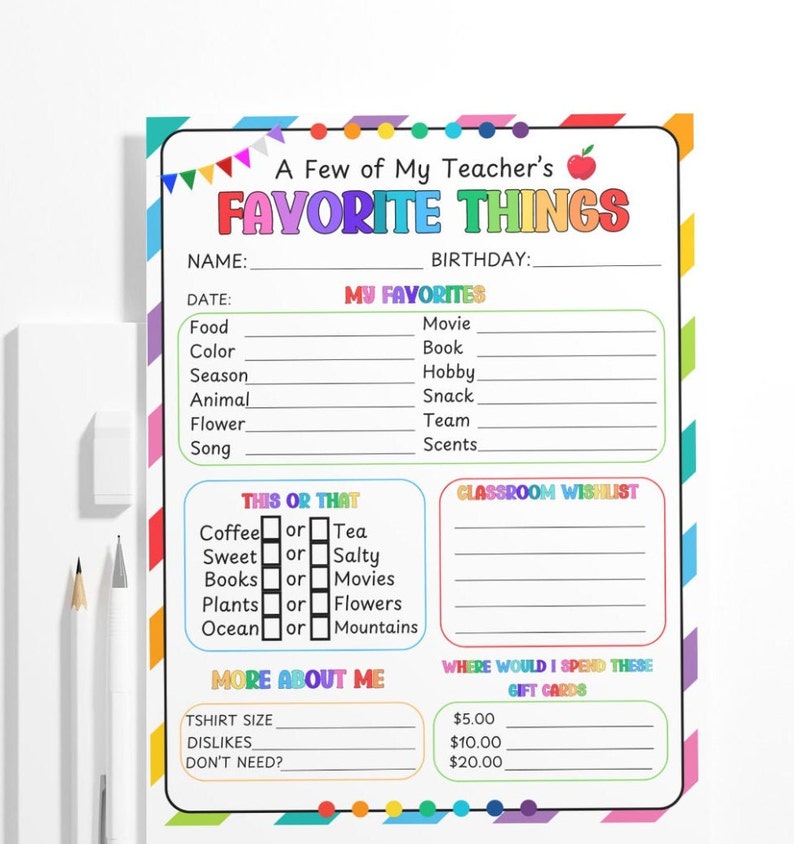 Teacher Favorite Things Questionnaire Printable (PDF) - Etsy