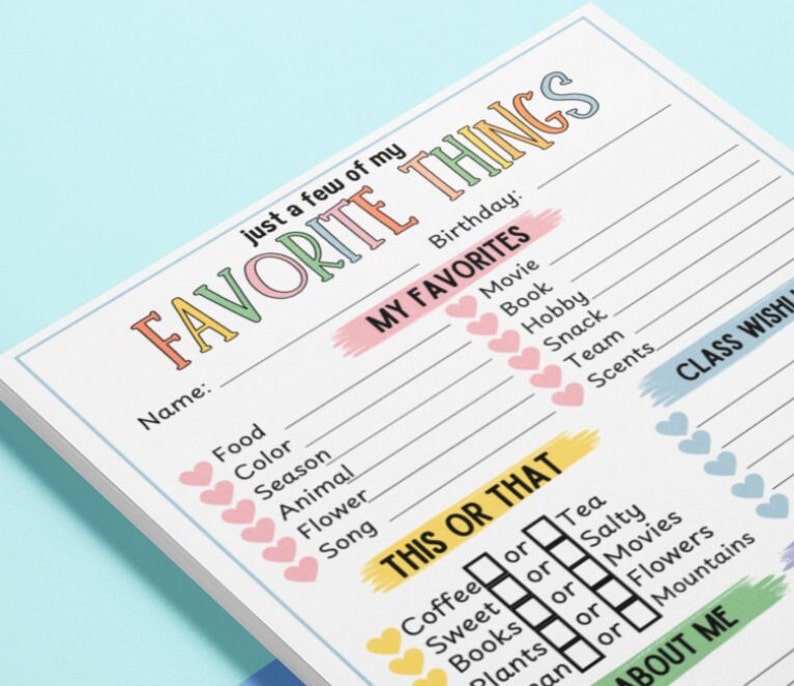 Teacher Questionnaire Printable Favorite Things Pastel Team Building