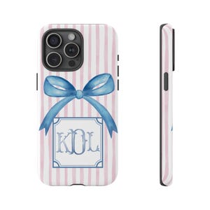 Coquette Bow Phone Case Custom Personalized Striped Monogram Cover iPhone 13 16, Samsung S24 Google Pixel 8 Pro Max Pink Design Gift for Her