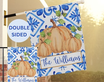 Custom Garden Flag Fall Blue Tile Print Last Name Pumpkin Flag Yard Art Autumn Chinoiserie Decor Personalize Porch Flag Patio October Banner