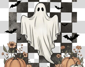 Halloween Ghost Pumpkin Clipart, Boho Floral Autumn Vibes, Retro Checker Shirt Design (PNG)