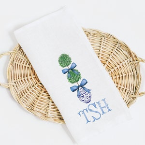 Topiary Tea Towel Monogram Blue Chinoiserie Pattern Guest Towel Cotton Preppy Chinoiserie Personalized Grandmillenial Blue and White Gift