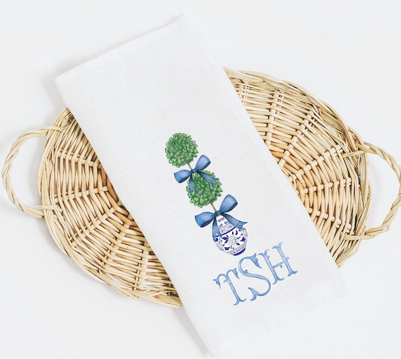 Topiary Tea Towel Monogram Blue Chinoiserie Pattern Guest Towel Cotton Preppy Chinoiserie Personalized Grandmillenial Blue and White Gift