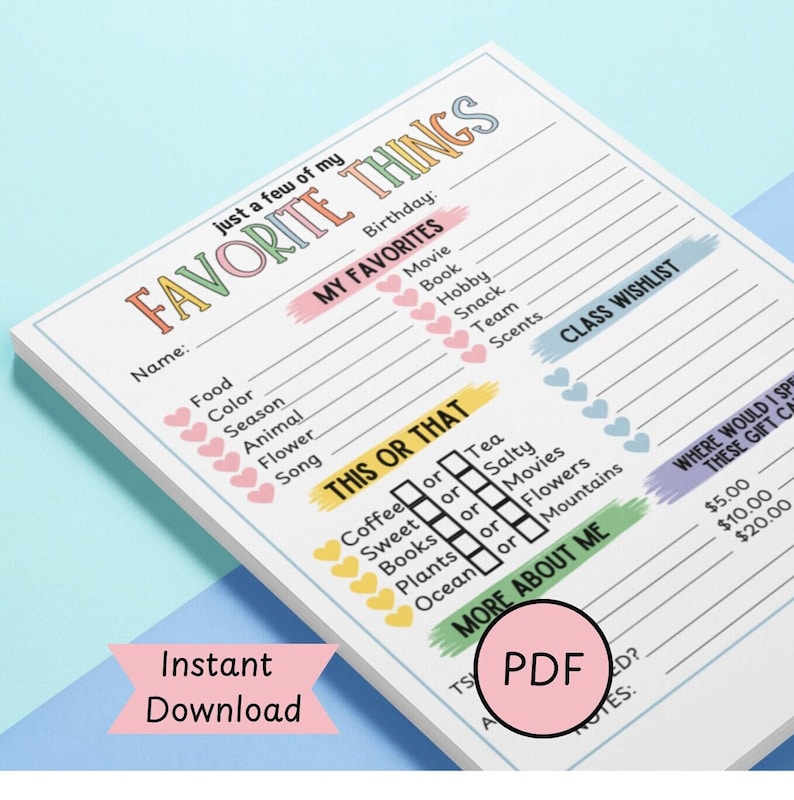 Teacher Questionnaire Printable Favorite Things Pastel Team Building