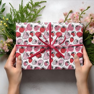 Strawberry Print Wrapping Paper Gift Wrap Summer Cute Strawberry Patch Gift Wrap Bright Luxury Wrapping Paper Girl Birthday Gift Wrap Papers