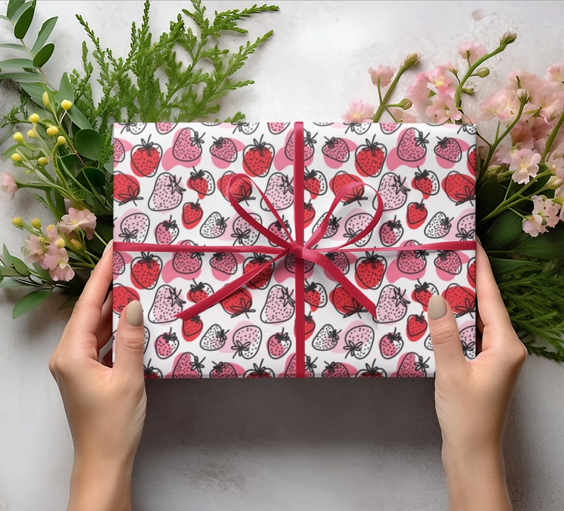 Strawberry Print Wrapping Paper Gift Wrap Summer Cute Strawberry Patch Gift Wrap Bright Luxury Wrapping Paper Girl Birthday Gift Wrap Papers