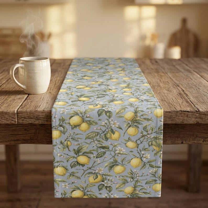 Lemon Table Runner, Fruit Kitchen Decor, Yellow Citrus Cotton Table Decoration, Summer Dining Table Linen, Mediterranean Inspired Home Decor