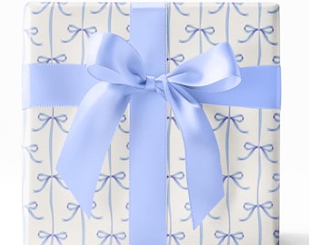 Blue Bow Gift Wrap, Baby Shower Bella Ribbon Trellis Paper