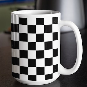Checkered Coffee Cup Ceramic Mug - Retro Race Day Black White Checkerboard Tea Cup, Two Sizes, Large Gift Drinkware, Vintage Style Mug Gift