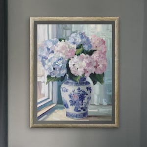 Hortensien Print Wandkunst Set, Chinoiserie Blaue Vase Rosa Blumen Poster, Grandmillennial Wohnkultur, 3-teilige Leinwand, Über Couch, Bett