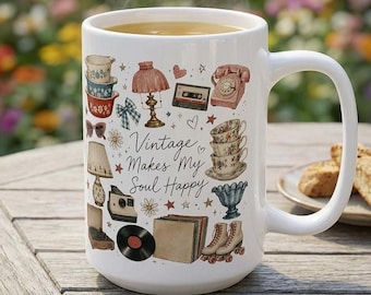 Caneca com ilustração de antiguidades vintage | Xícaras de chá retrô, telefone, mala, caneca de café eclética