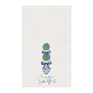 Topiary Tea Towel Monogram Blue Chinoiserie Pattern Guest Towel Cotton Preppy Chinoiserie Personalized Grandmillenial Blue and White Gift