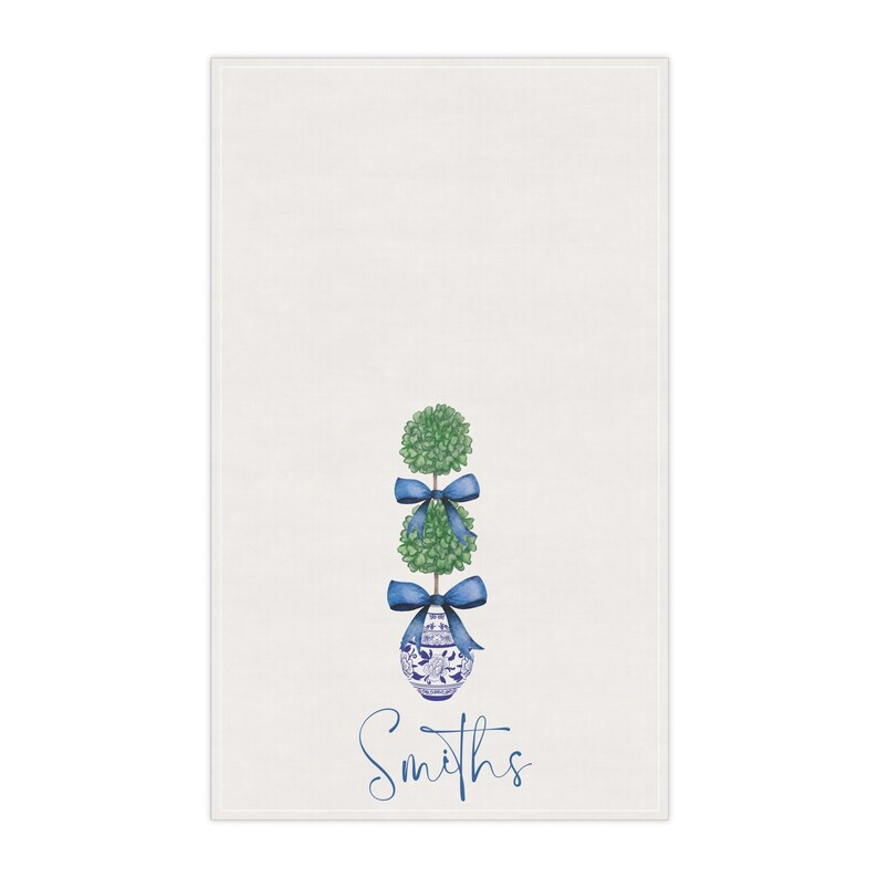 Topiary Tea Towel Monogram Blue Chinoiserie Pattern Guest Towel Cotton Preppy Chinoiserie Personalized Grandmillenial Blue and White Gift