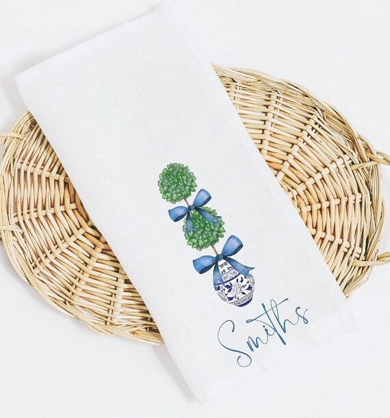 Monogrammed Cotton Tea Towel – Blue Chinoiserie Topiary, Personalized Gift