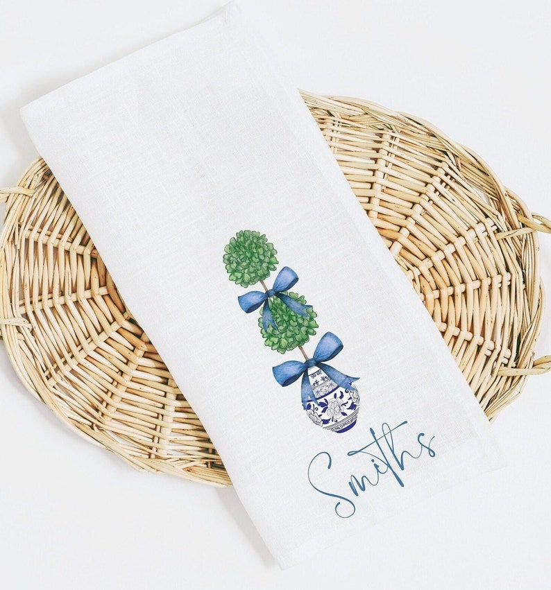 Personalized Topiary Tree Blue and White Planter Tea Towel Cotton Preppy Towel Chinoiserie Personalized Mothers Day Gift Bridal Shower Gift