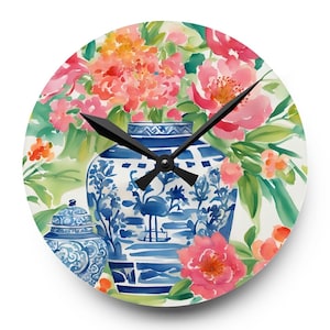 Decorative Wall Clock, Chinoiserie Wall Clock, Wall Clock Unique, Blue and White Gift Floral Elegant Decor Floral Design, Grand Millenial