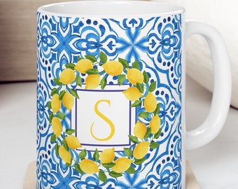Personalized Mug Initial Blue and White Tiles Italian Custom Ceramic Mug 11oz Coffee  Mug Monogrammed Initial Mug Personalized Lemon Pattern