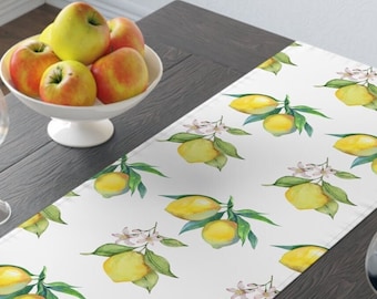 Lemon Table Runner, Cotton Dining Linen, Yellow Kitchen Watercolor Fruit Floral Decor Gift