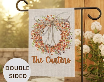 Custom Garden Flag, Neutral Berry Wreath, Last Name Sign, Double Sided Decor