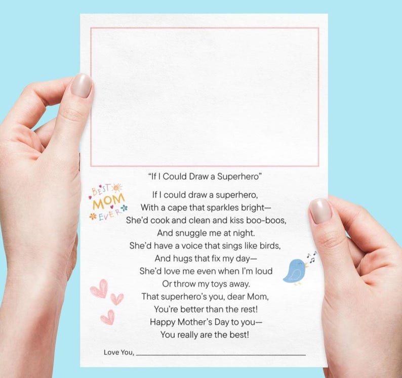 Mothers Day Poem Printable PDF for Kids, DIY Mama Gift From Child, Heartfelt Poem with Drawing Space, Children Special Gift Message for Mom