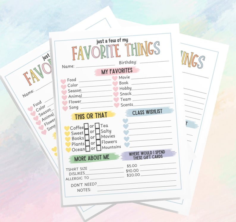 Teacher Questionnaire Printable Favorite Things Pastel Team Building