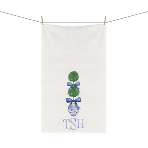 Topiary Tea Towel Monogram Blue Chinoiserie Pattern Guest Towel Cotton Preppy Chinoiserie Personalized Grandmillenial Blue and White Gift