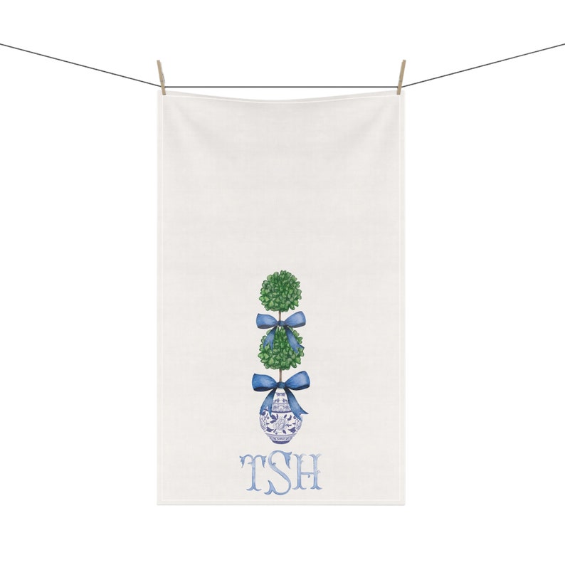 Topiary Tea Towel Monogram Blue Chinoiserie Pattern Guest Towel Cotton Preppy Chinoiserie Personalized Grandmillenial Blue and White Gift