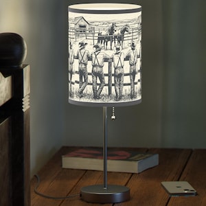 Western Decor Bedside Lamp - Rustic Cowboy Lamp Shade in Compact Size - Unique LED Desk Lamp for Country Night Light. Farmhouse Style Gift