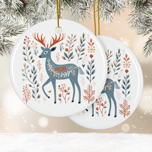 Ceramic Stag Christmas Ornament: Double Sided Nordic Deer Decor