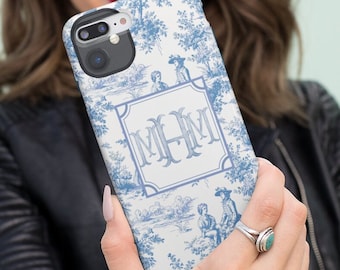 Toile De Jouy Phone Case Blue Custom iPhone 13 16 Samsung S22 S23 S24 Google Pixel 8 Pro Max French Chinoiserie Gift, Monogram Name Case