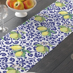 Blue and White Table Runner 90 Inch - Lemon Tile Pattern Kitchen Decor, Cotton Twill, Mediterranean Amalfi Coast Style