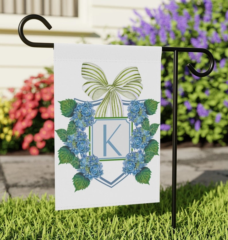 Custom Garden Flag Preppy Bow Monogram Blue Hydrangea Flag Yard Art Hydrangeas Garden Flag Personalized Decor Porch Crest Flag Patio Flag