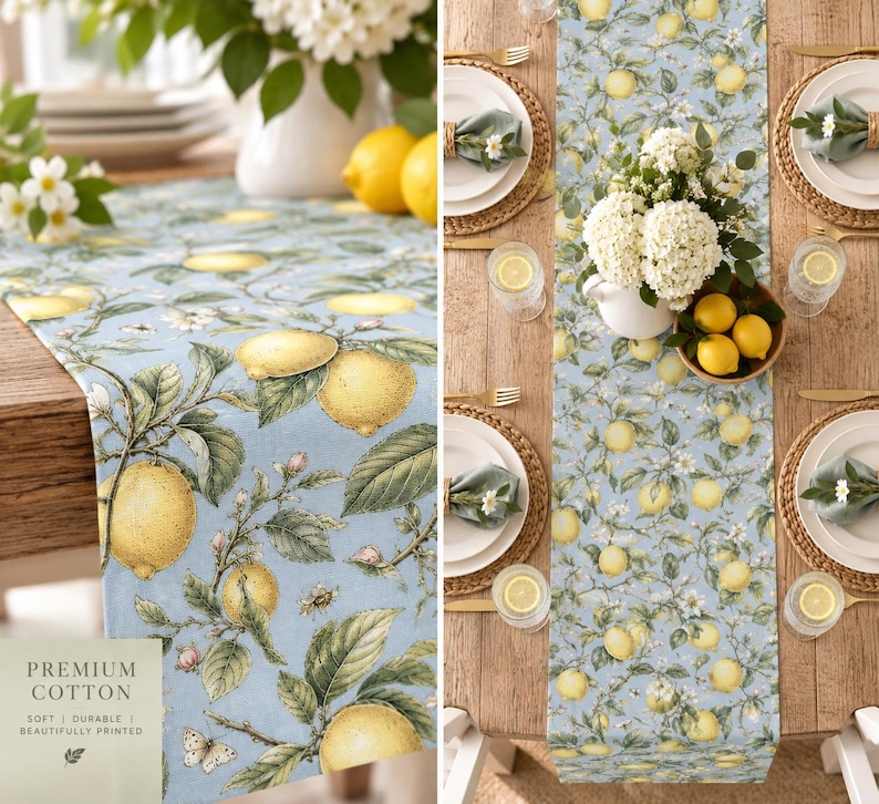 Lemon Table Runner, Fruit Kitchen Decor, Yellow Citrus Cotton Table Decoration, Summer Dining Table Linen, Mediterranean Inspired Home Decor