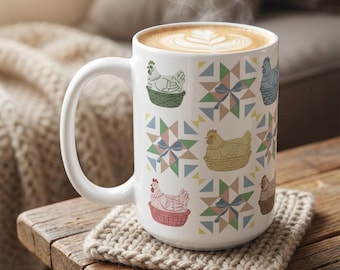 Vintage Chicken Quilt Patchwork Mug, English Cottage Farmhouse Drinkware