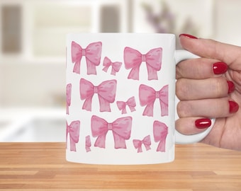 Bow Coffee Mug Coquette Pink Ceramic Cup Pastel Ribbon, Cozy Drinkware, Kitchenware Tea Gifts