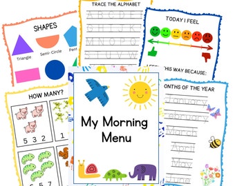 May include: A set of printable worksheets for preschool and kindergarten students. The worksheets include activities such as tracing the alphabet, identifying shapes, counting objects, and writing the months of the year. The worksheets are colorful and feature illustrations of animals, birds, and other objects.