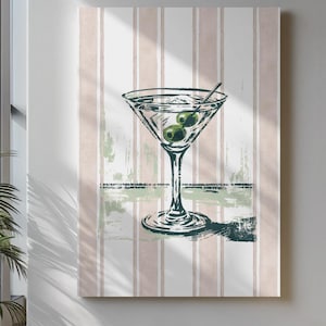Martini Glass Print Kitchen Wall Art Retro Stripes Cocktail Poster Modern Bar Cart Decor Vintage png Happy Hour Aesthetic Kitchen Decor Idea
