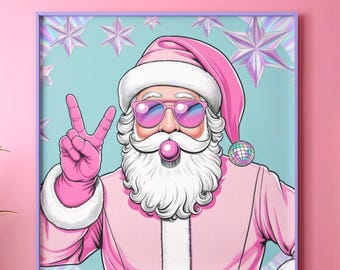 Pink Santa Bubblegum Poster, Disco Ball Hat Christmas Wall Art