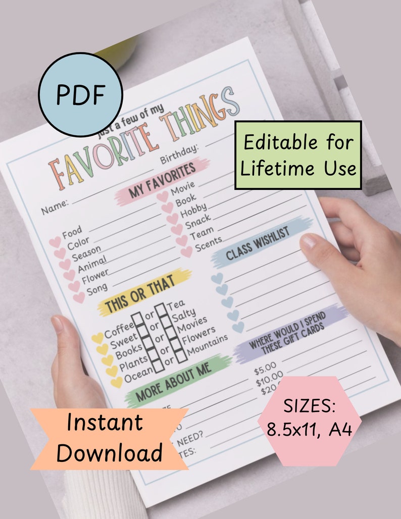 Teacher Questionnaire Printable Favorite Things Pastel Team Building