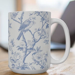 Toile de Juoy Mug Elegant Blue and White Bird Cup Tea Ceramic Mug Coffee  Summer Blue Birds Gift for Mom Grandma Gift Grandmillennial Print