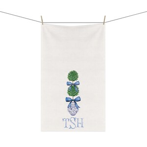 Topiary Tea Towel Monogram Blue Chinoiserie Pattern Guest Towel Cotton Preppy Chinoiserie Personalized Grandmillenial Blue and White Gift