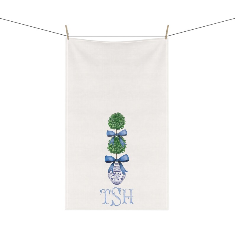 Topiary Tea Towel Monogram Blue Chinoiserie Pattern Guest Towel Cotton Preppy Chinoiserie Personalized Grandmillenial Blue and White Gift