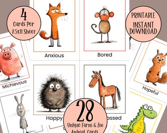 Puede incluir: Conjunto de 28 tarjetas de animales de granja y zoológico únicas para imprimir. Cada tarjeta presenta un animal diferente con una palabra de emoción correspondiente. Las tarjetas están diseñadas para su uso en entornos educativos o para actividades divertidas.