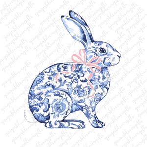Chinoiserie Kaninchen PNG, Blaues Viktorianisches Muster Häschen Clipart Rosa Kokette Ästhetik Blaue Toile Hase Digitaler Download Ostern Kunst Blumen Blau