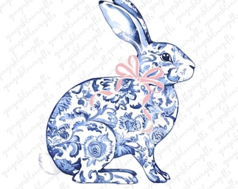 Chinoiserie Bunny PNG, Blue Toile Rabbit Clipart (Digital Download)